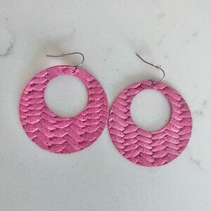 Textured Leather Lightweight Round Earrings Pink Fashion Accessory